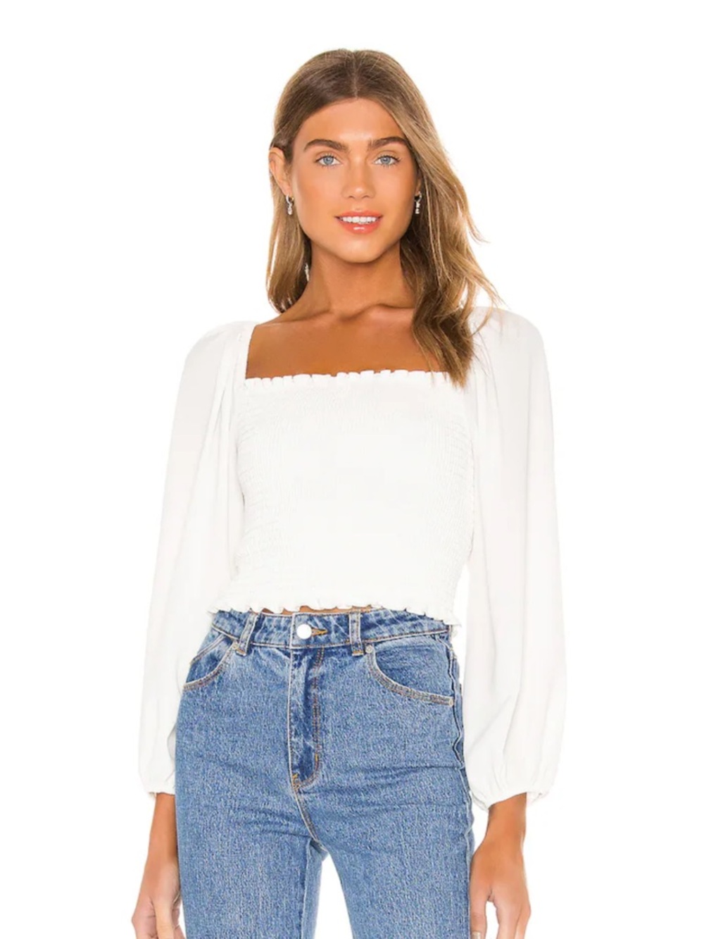 Abercrombie & Fitch White Top With Balloon Sleeves and Smocked Bodice